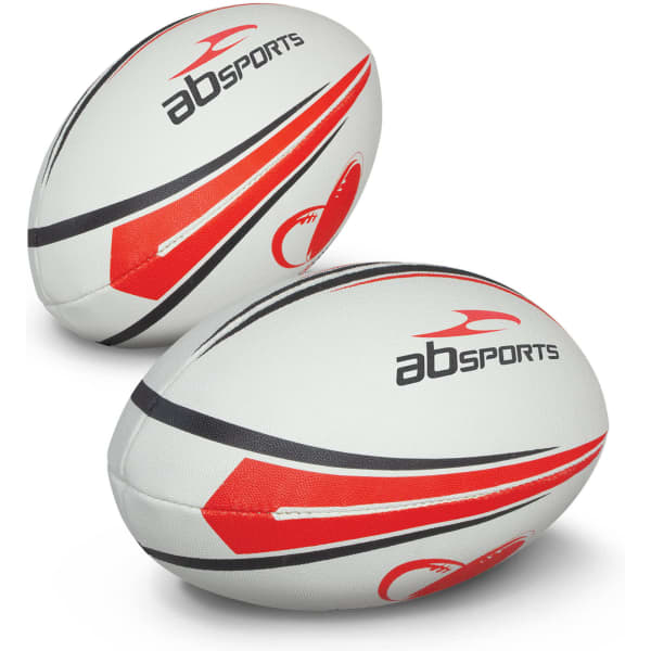 Two rugby league balls featuring a white design with red and black accents, along with a logo.