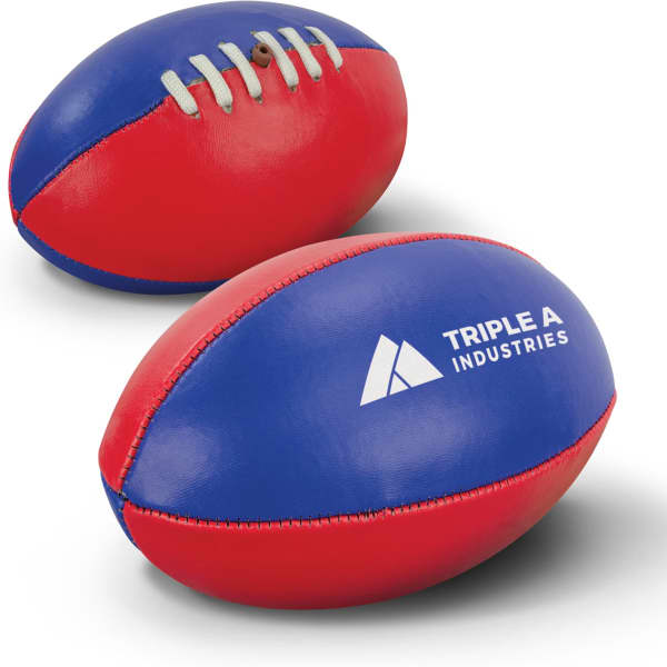 AFL mini ball in red and blue with a white logo. Features traditional stitching and is compact in size.
