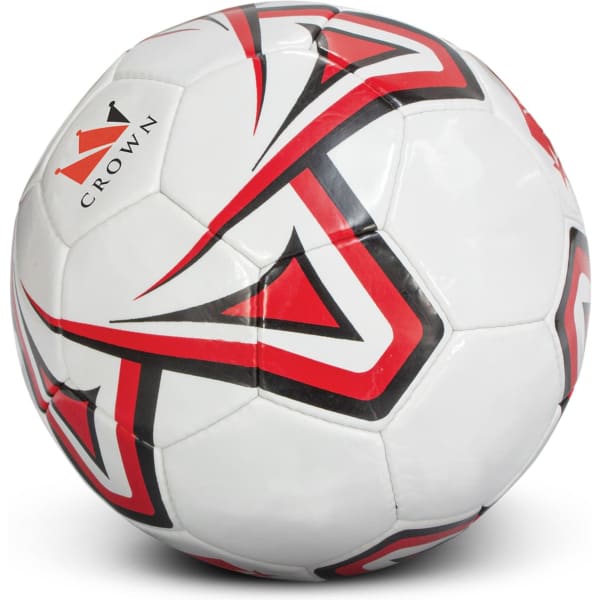 A white soccer ball with red and black patterns and a logo.