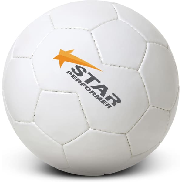 A white soccer ball with black pentagon panels and a logo featuring an orange star.