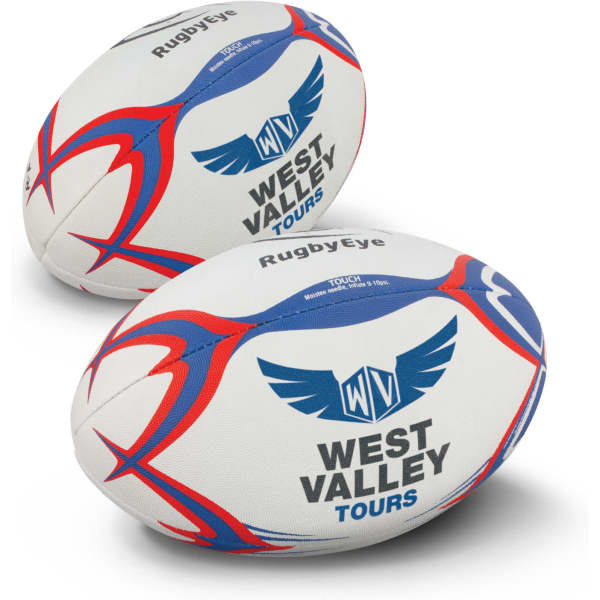 A pair of white touch rugby balls featuring red and blue designs, with logos displayed prominently.