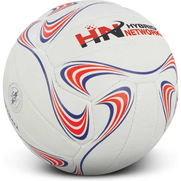 A netball featuring a white base with red and blue swirling patterns, and a logo on the surface.
