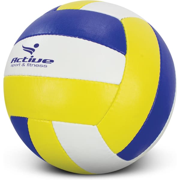 A volleyball featuring blue, yellow, and white panels, with a logo on one side.