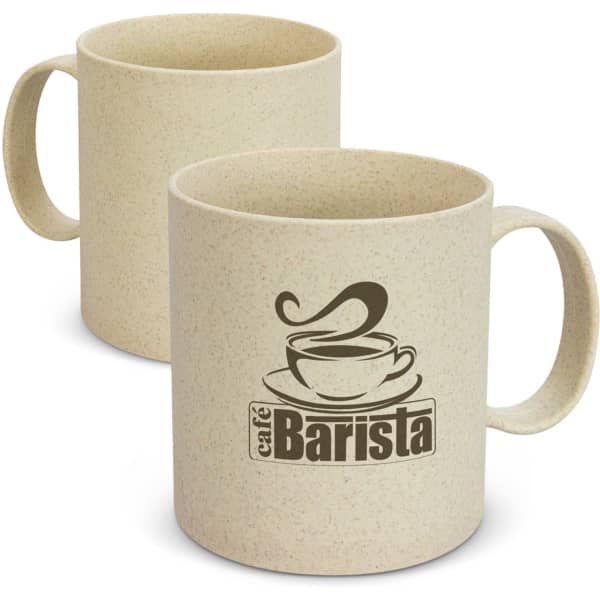 A coffee mug in a speckled beige colour with a handle, featuring a logo on one side.