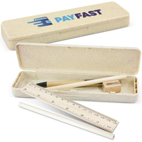 A cream-coloured pencil case featuring a logo, containing a ruler, pencil, sharpener, and white pen.