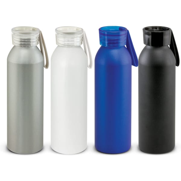 A drink bottle collection featuring silver, white, blue, and black variants, each with a screw-on lid and carrying handle.