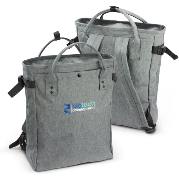 A grey backpack with adjustable straps and handles, featuring a logo on the front.