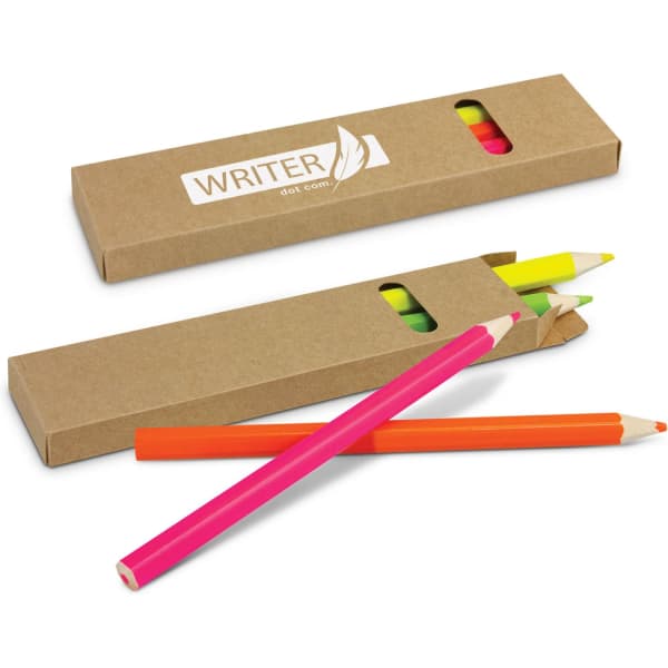A pack of five highlighter pencils in pink, orange, yellow, green, and purple, inside a cardboard box with a window.