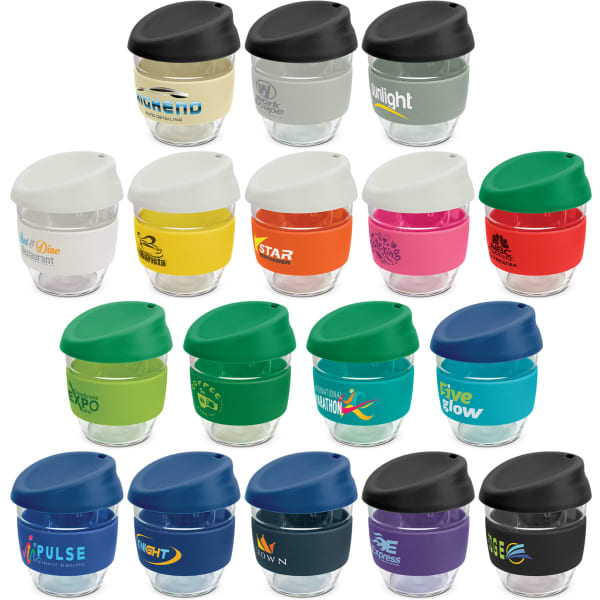A collection of reusable coffee cups in various colours with black lids and logos on the cups.