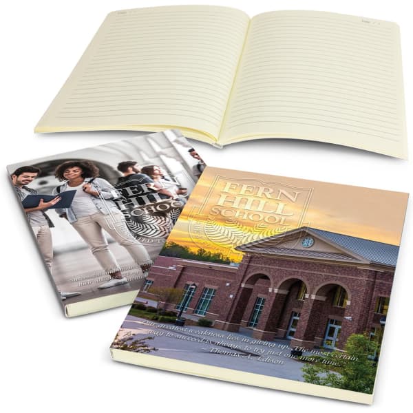 Two chorus notebooks with a school theme, featuring a varied colour design, alongside an open notebook with lined pages.