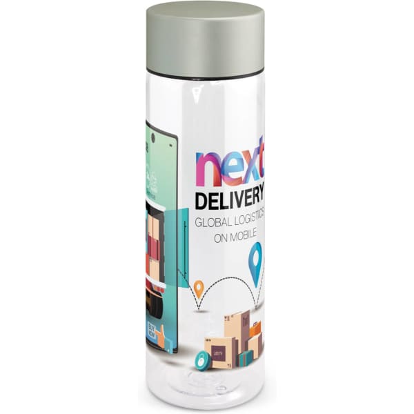 A drink bottle with a clear body and silver lid, featuring a logo and colourful graphics related to delivery services.