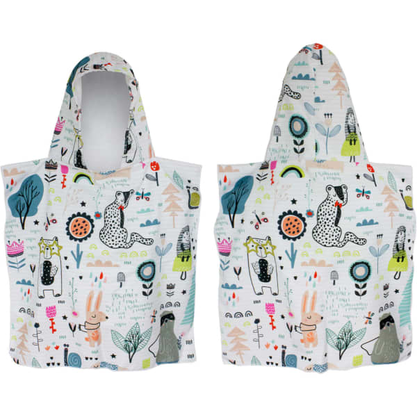 A kids' hooded towel featuring colourful animal and nature designs on a light background with a hood.