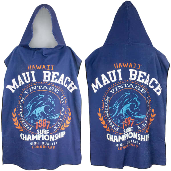 A blue adult hooded towel featuring a wave design and text related to Maui Beach and surfing. It has a hood.