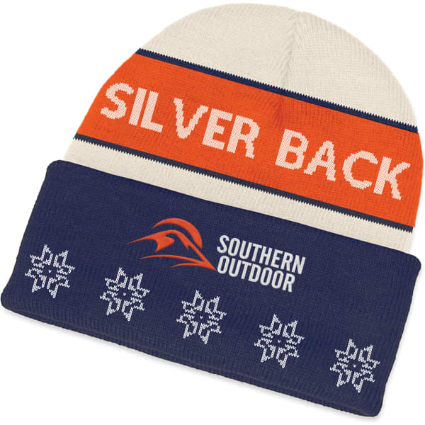 A knitted beanie in cream, orange, and navy with snowflake patterns and a logo.