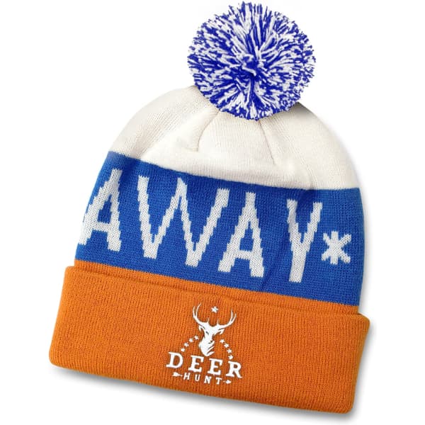A custom knitted beanie with a blue and white top, orange cuff, and a pom-pom on top. It features a logo.