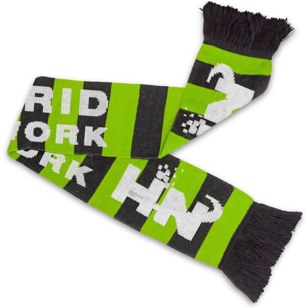 A green and black knitted scarf featuring a fringe and a logo. It has a modern, bold design with text elements.