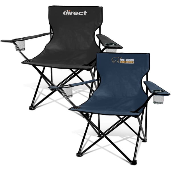 Two folding chairs, one black and one navy, each with armrests and a cup holder. Both feature distinct logos.
