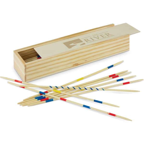 A wooden box containing coloured pick-up sticks, with some sticks scattered outside the box.