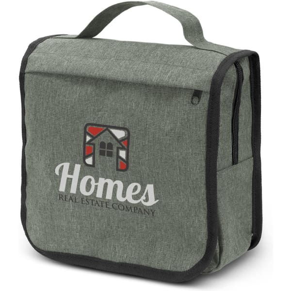 A green Knox toiletry bag with a front pocket and a handle, featuring a logo on the front.