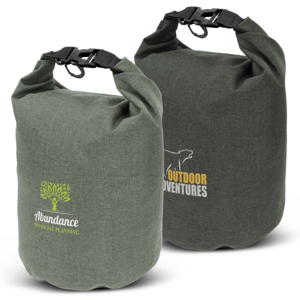 A green dry bag with a roll-top closure and sturdy straps, featuring branding on both sides.
