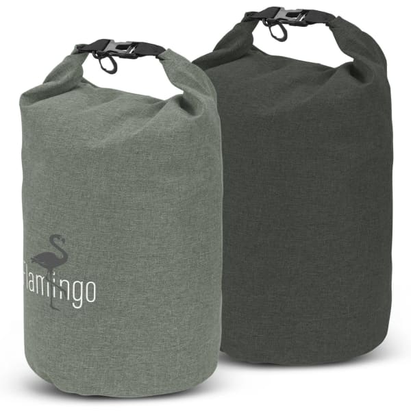 Two dry bags in olive green and dark green, each with a secure roll-top closure and a logo design.