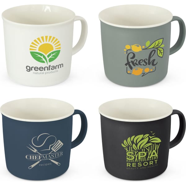 Four coffee mugs in various colours, featuring different logos and designs: cream, teal, navy, and black.
