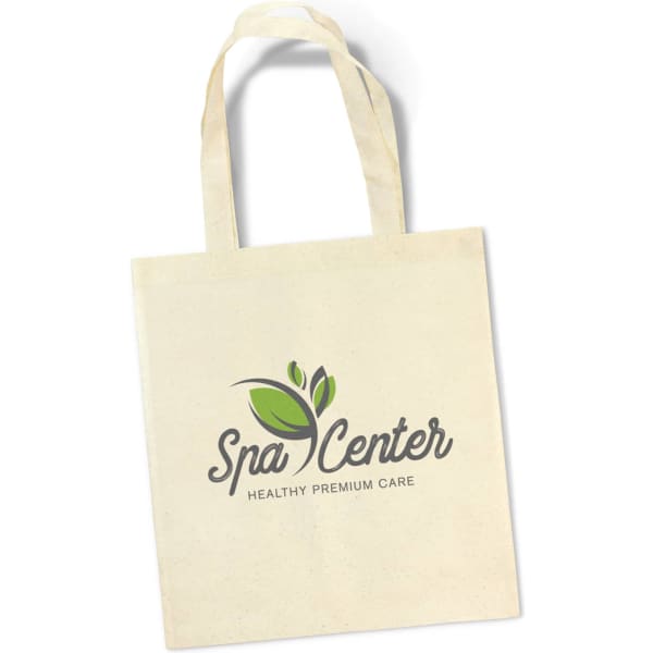 A natural beige tote bag with two handles featuring a logo design. The bag has a simple, eco-friendly look.