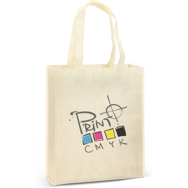 A natural-looking tote bag in a light cream colour with handles and a logo design.