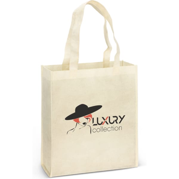 A natural-toned tote bag with two handles and a logo on the front.