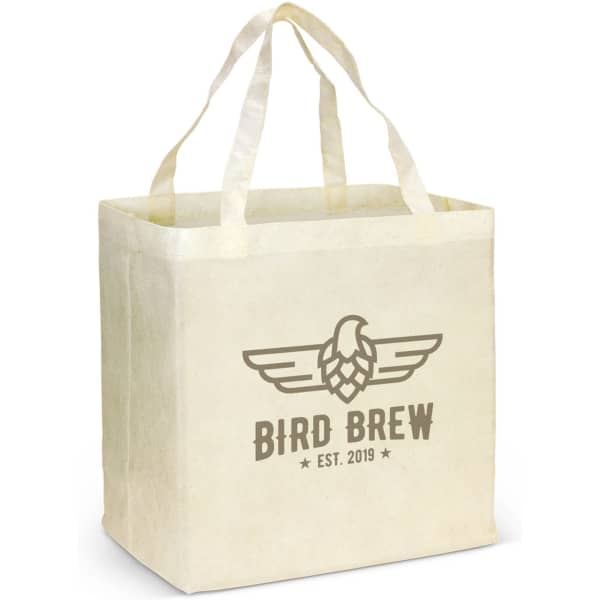 A natural-coloured tote bag with two handles and a logo featuring an illustration and text.