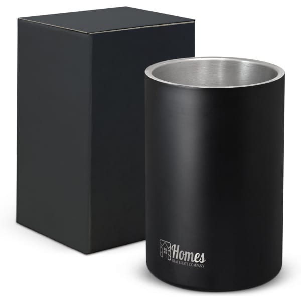A black vacuum wine cooler with a stainless steel interior, accompanied by a matching box.
