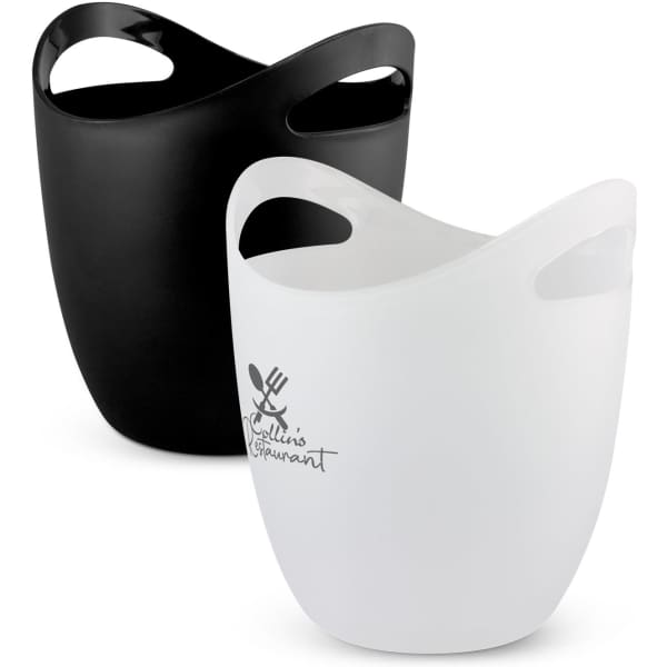 A black and a white ice bucket with ergonomic handles and a branded logo on the white one.