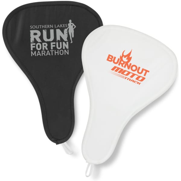 A foldable event fan featuring black and white sides, with a logo on each side.