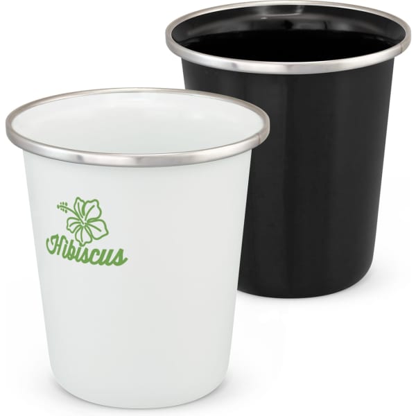 A drink bottle set featuring a white enamel tumbler with a green logo and a black enamel tumbler, both with silver rims.