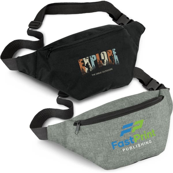 Two Byron Belt Bags in black and grey, featuring front zippers and adjustable straps. Both have different logos.