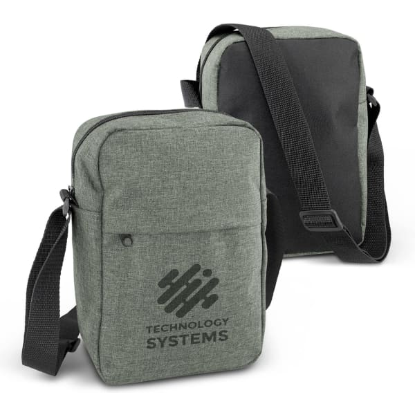 A green travel bag with a textured surface, featuring a black back and an adjustable shoulder strap. It has a logo.