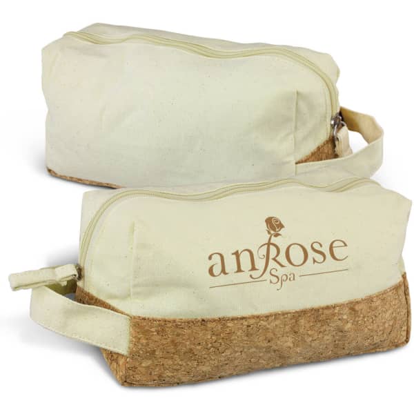 A cream toiletry bag with a cork base and a branded logo, featuring a zip closure and a convenient handle.