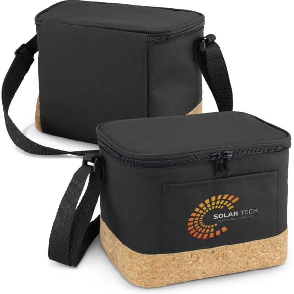 A black cooler bag with a cork bottom and a shoulder strap, featuring a logo on the front.