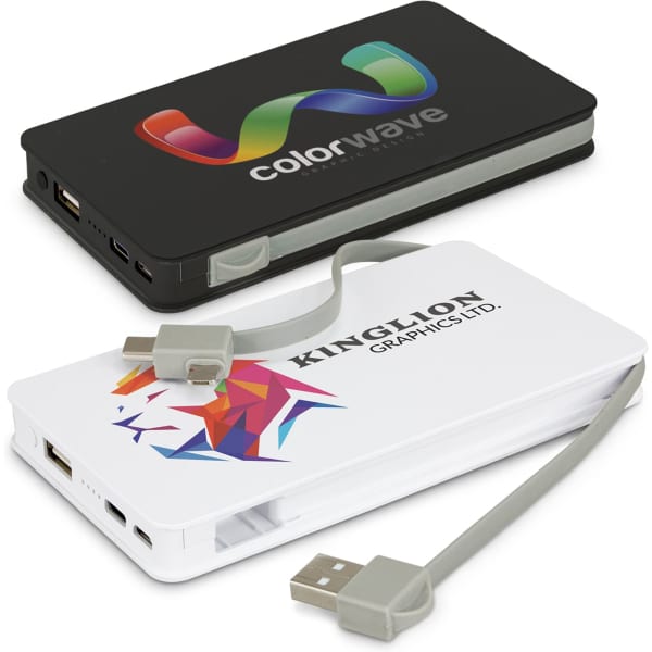 A black and a white power bank with USB ports and integrated charging cables, featuring various logos.