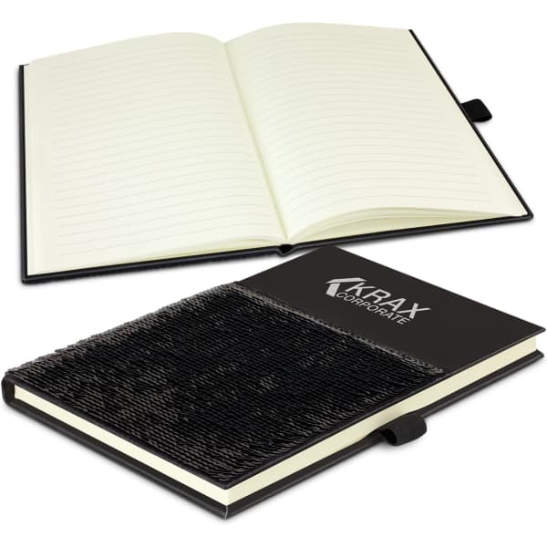 A black sequin notebook with a textured cover and an open blank page layout. Features a logo on the cover.