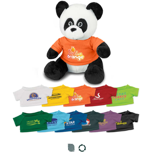 A plush panda toy wears an orange shirt, surrounded by various small shirts in different colours. It features a logo.
