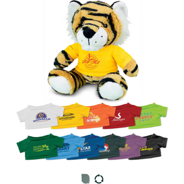 A tiger plush toy with a yellow shirt, featuring black stripes and a fluffy mane, surrounded by various T-shirt designs.