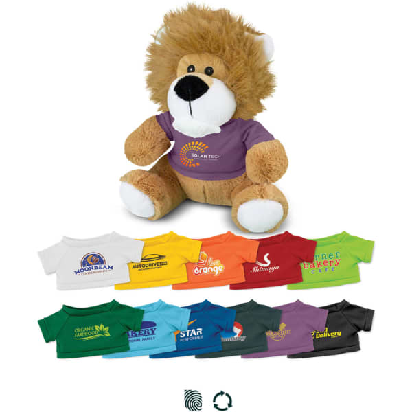 A fluffy lion plush toy with brown fur and a large mane, accompanied by various colourful T-shirts.