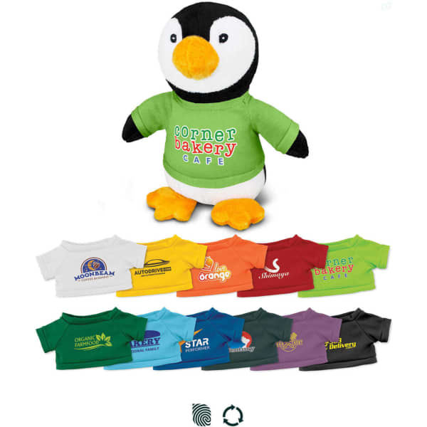 A plush penguin toy with an orange beak, black and white body, and a green shirt featuring a logo.