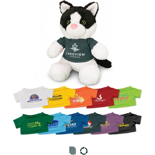 A black and white cat plush toy wearing a shirt with a logo, alongside various shirts in different colours below.