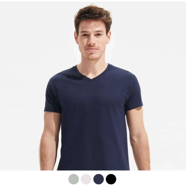 A navy blue men's v-neck t-shirt displayed by a model, featuring a logo on the garment. Various colour options below.
