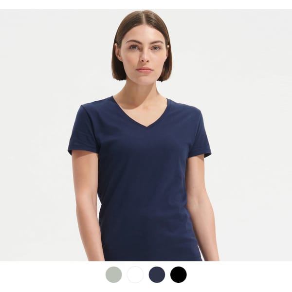 A woman in a navy blue V-neck T-shirt, featuring short sleeves and a fitted design. The image includes a colour palette below.