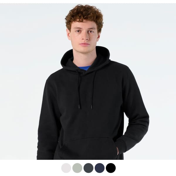 A black hooded sweatshirt featuring a front pocket and adjustable drawstrings, modelled by an individual.