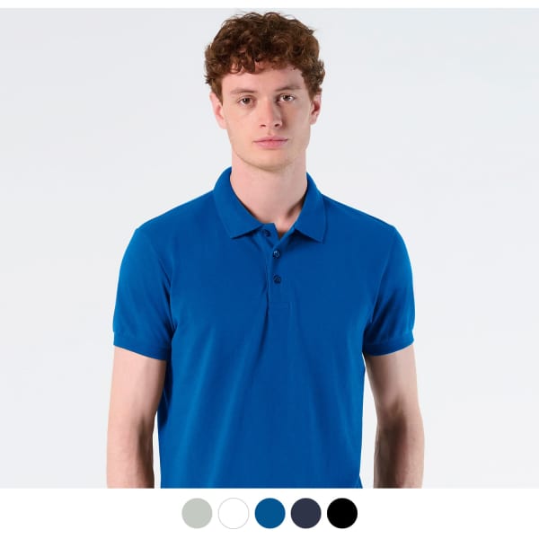 A blue men's polo shirt featuring a collar and button placket, displayed by a model with curly hair.