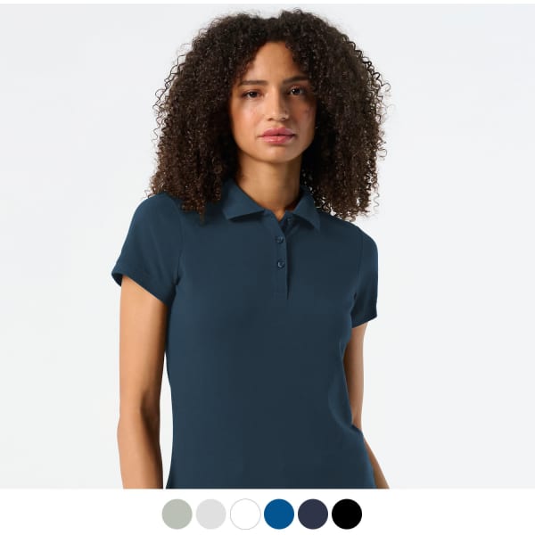 A women's polo shirt in dark navy, featuring a classic collar and short sleeves, with a logo on the chest.
